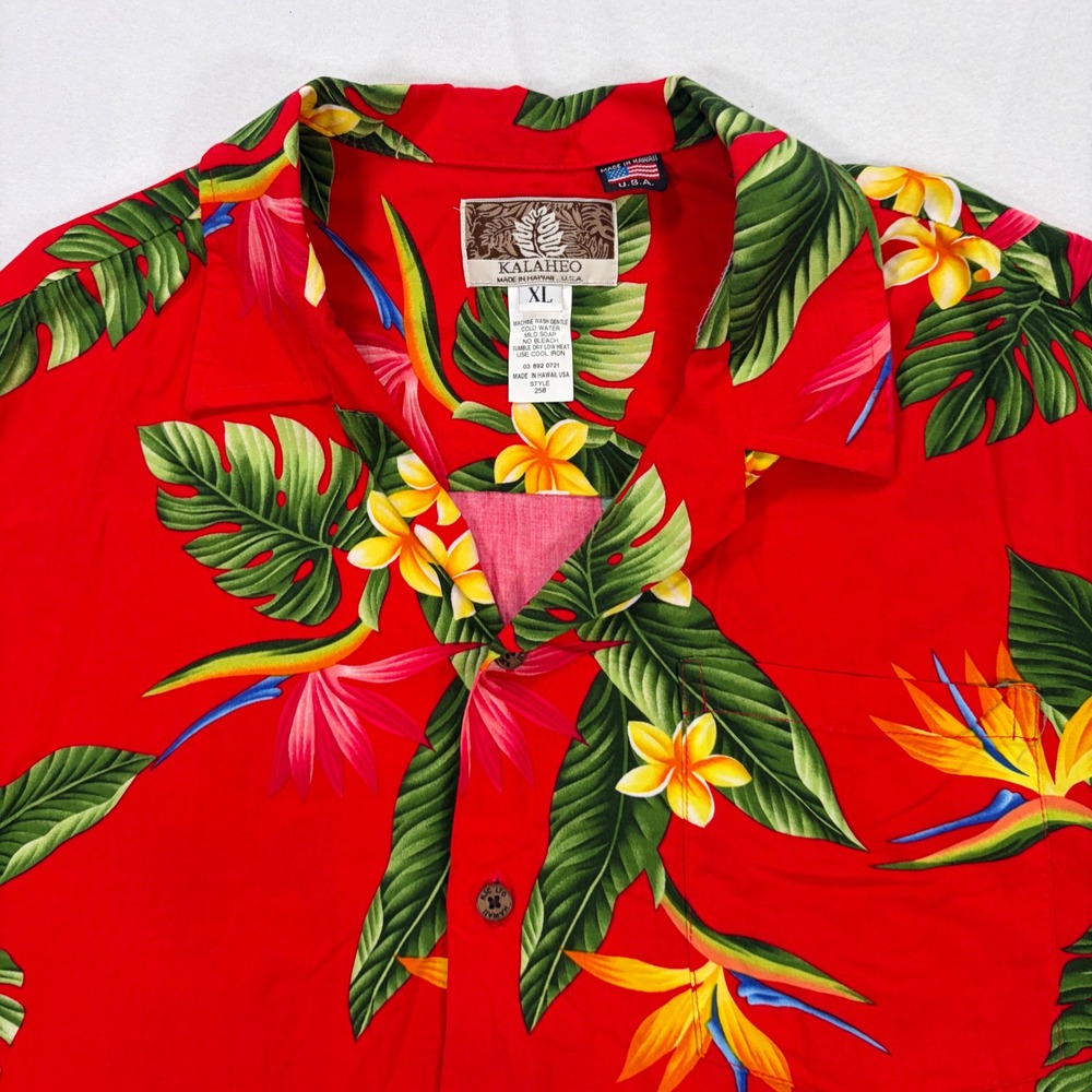 Kalaheo Mens Hawaiian Shirt XL Red Bird of Paradise Plumeria Floral Style